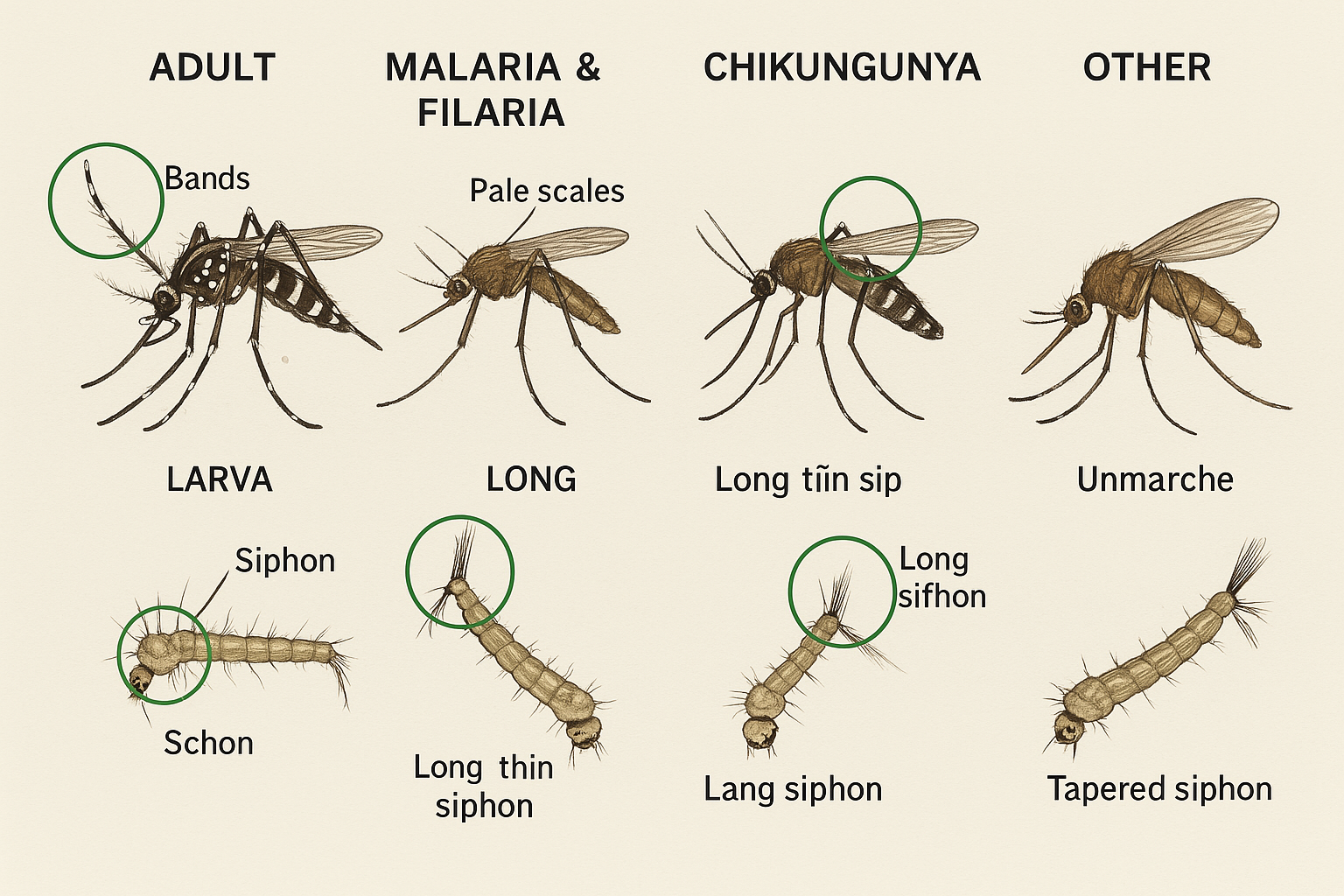 Dengue mosquito and larva - Aedes aegypti